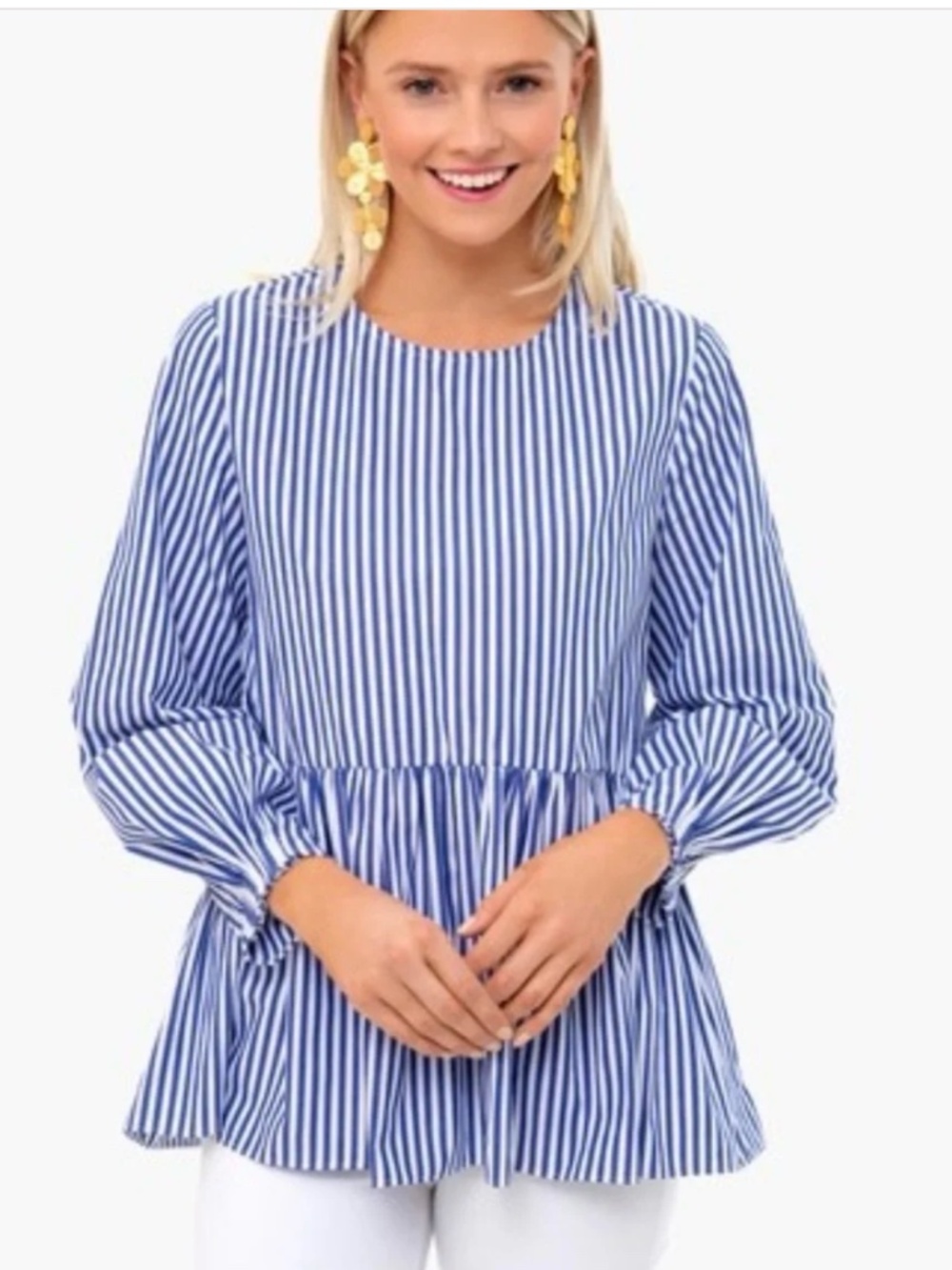 Pomander Place Medium M blue striped top ruffle bottom peplum blouse - Picture 1 of 5